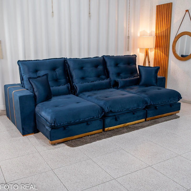 Sofá Retrátil Reclinável Mônaco 3.20m Veludo Azul A16 - Molas Ensacadas