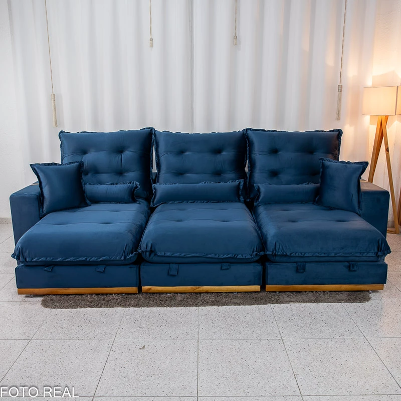 Sofá Retrátil Reclinável Mônaco 3.20m Veludo Azul A16 - Molas Ensacadas - Imagem 4