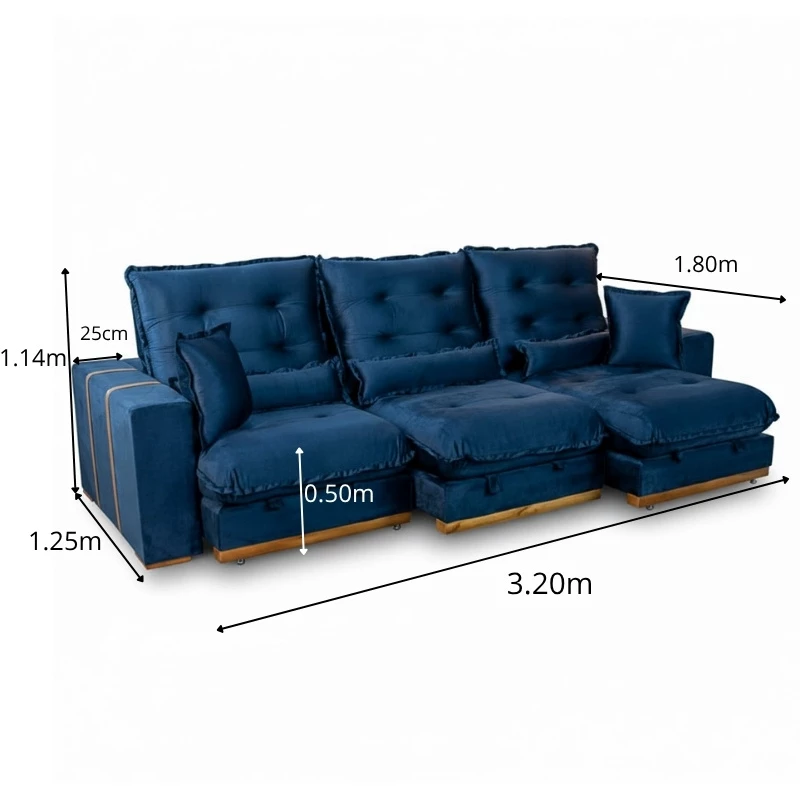 Sofá Retrátil Reclinável Mônaco 3.20m Veludo Azul A16 - Molas Ensacadas - Imagem 2