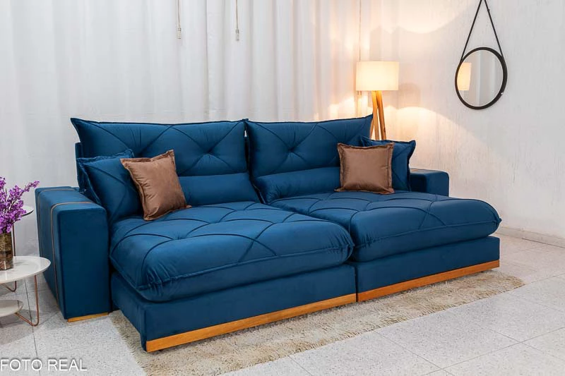 Sofá Retrátil Reclinável Gran Bello 2.90m Veludo Azul - Molas Ensacadas