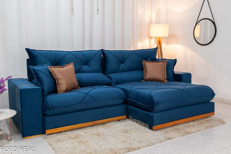 Sofá Retrátil Reclinável Gran Bello 2.90m Veludo Azul - Molas Ensacadas - Imagem 3