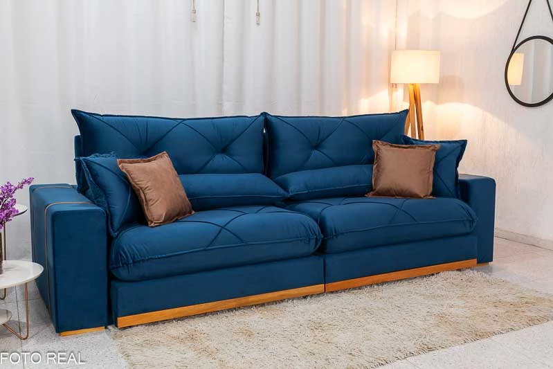 Sofá Retrátil Reclinável Gran Bello 2.90m Veludo Azul - Molas Ensacadas - Imagem 2