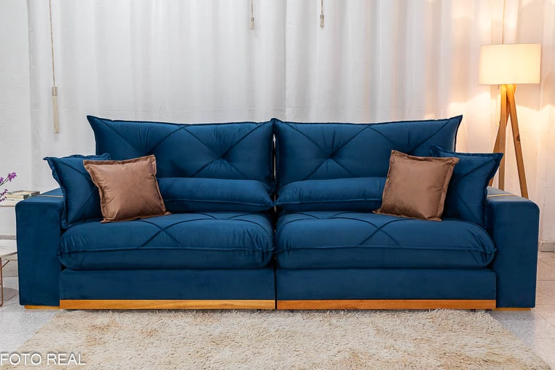 Sofá Retrátil Reclinável Gran Bello 2.90m Veludo Azul - Molas Ensacadas - Imagem 4