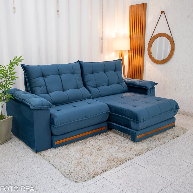 Sofá Retrátil Reclinável Barcelona 2.50m Veludo Azul 325 - D33 e Molas Ensacadas - Imagem 3