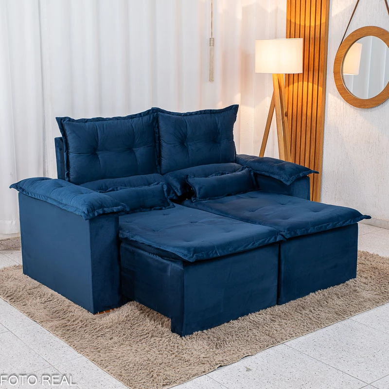 Sofá Retrátil Reclinável Nicole 1.80m Veludo Azul A16