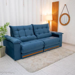 Sofá Retrátil Reclinável Barcelona 2.30m Veludo Azul 325 - D33 e Molas Ensacadas