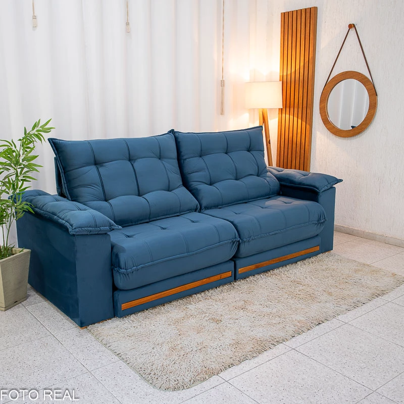 Sofá Retrátil Reclinável Barcelona 2.30m Veludo Azul 325 - D33 e Molas Ensacadas