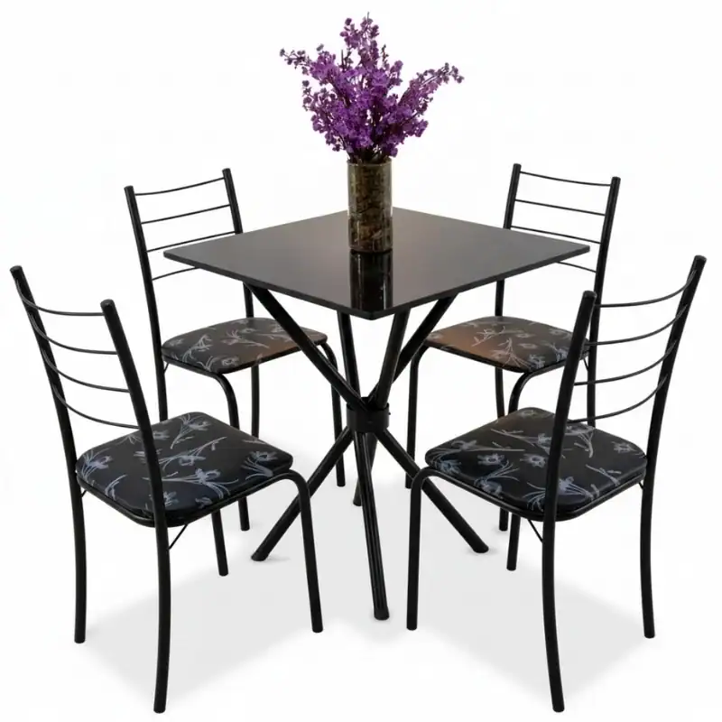 Mesa Rio Base Ipanema Preto Tampo Preto MDF 68X68 4 Cadeiras Rio Assento Preto - Teixeira