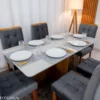 Mesa de Jantar Moscou 160x80 Vidro Off/Base Cinamomo + 6 Cad. Londres Veludo Chumbo Madeira Minas Plac - Imagem 2