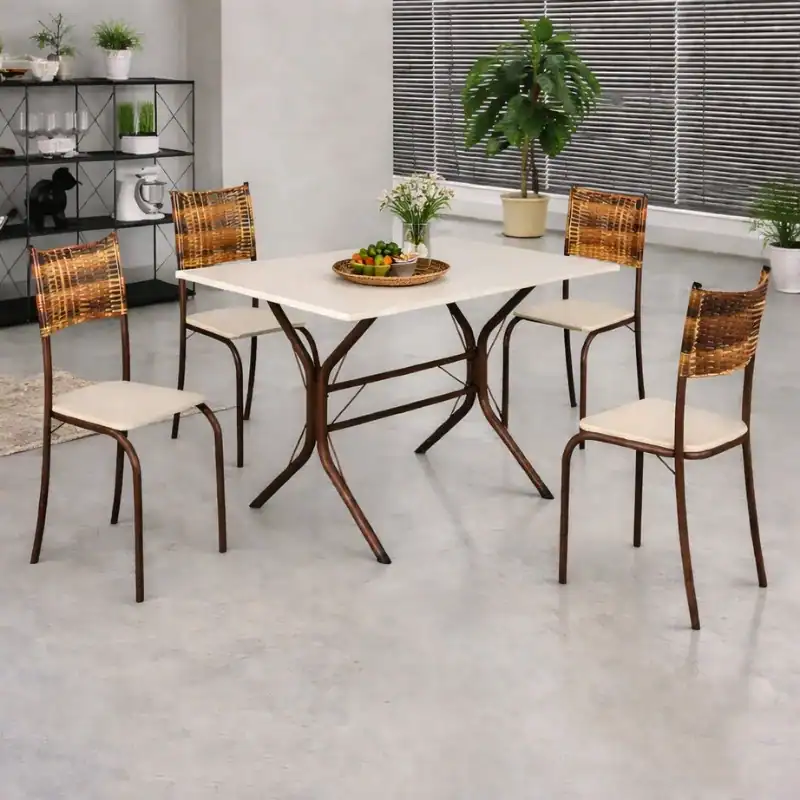 Mesa Atlanta Base Cabo Frio Marrom Tampo Off Pedra 100x60 4 Cadeiras Assento Creme - Teixeira