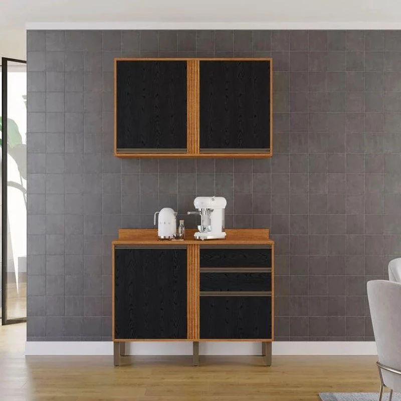 Balcão Pérola Cinamomo/Preto 1.20m + Aéreo Pérola 2 Portas Cinamomo/Preto 1.20m - Sallêto