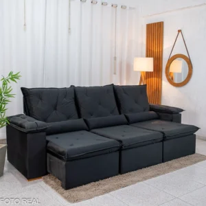 Sofá Retrátil Reclinável City 2.70m Veludo Preto - Sem Caixa