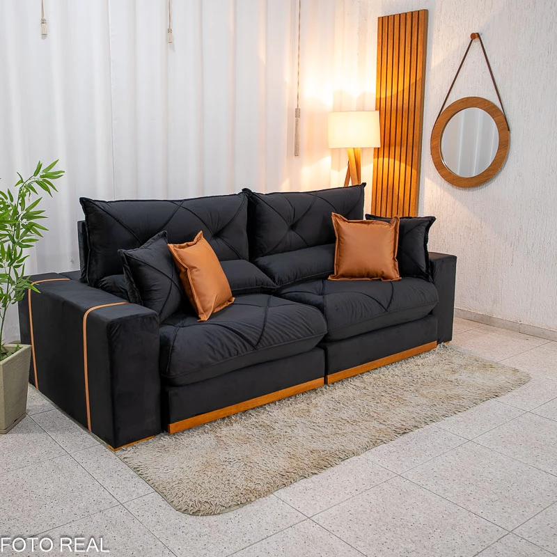 Sofá Retrátil Reclinável Gran Bello 2.50m Veludo Preto 21 - Molas Ensacadas Pocket - Imagem 3
