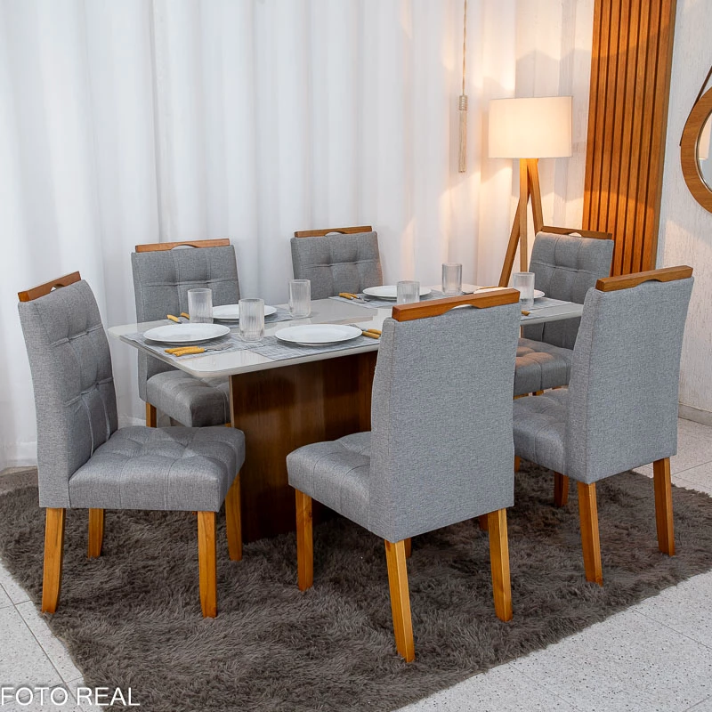 Mesa de Jantar Moscou 160x80 Vidro Off/Base Cinamomo + 6 Cad. Londres Linho Cinza Madeira Minas Plac