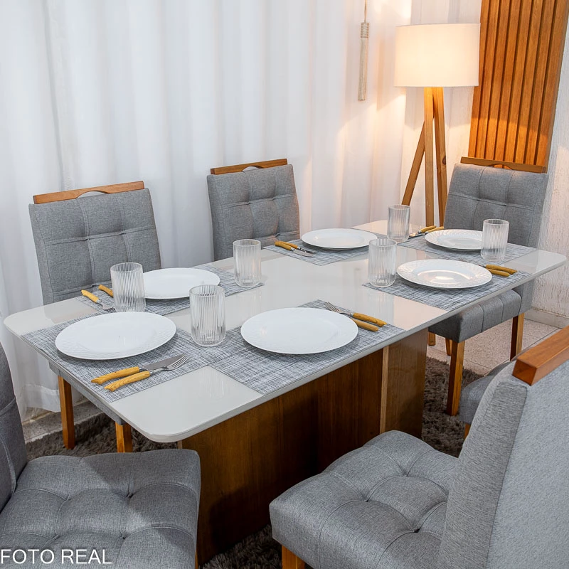 Mesa de Jantar Moscou 160x80 Vidro Off/Base Cinamomo + 6 Cad. Londres Linho Cinza Madeira Minas Plac - Imagem 2