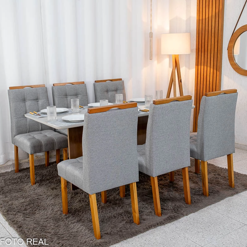 Mesa de Jantar Moscou 160x80 Vidro Off/Base Cinamomo + 6 Cad. Londres Linho Cinza Madeira Minas Plac - Imagem 3