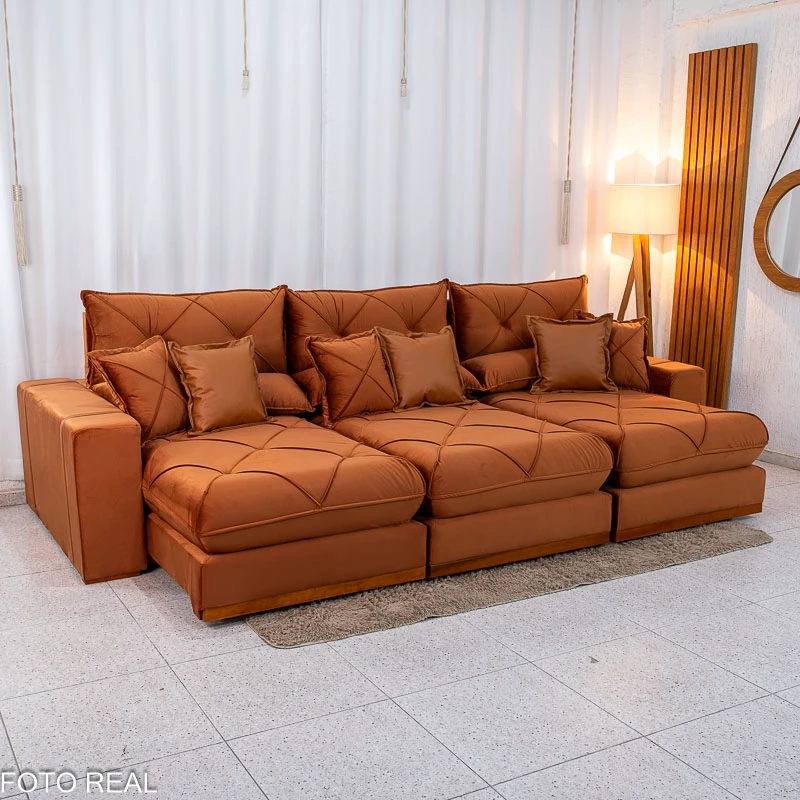 Sofá Retrátil Reclinável Gran Bello 3.20m Veludo Terracota 24 - Molas Ensacadas