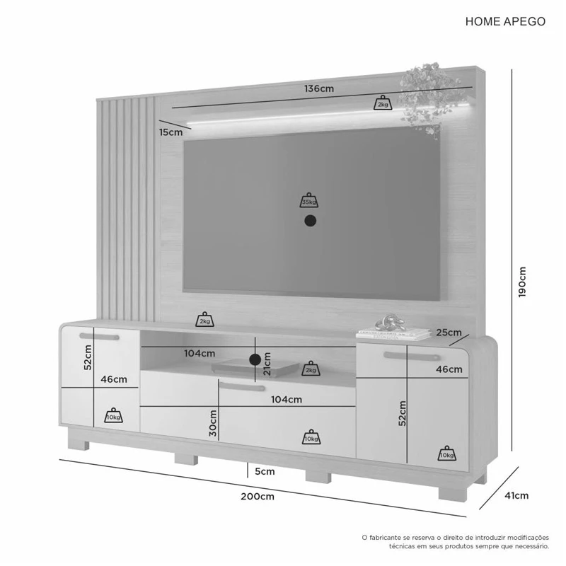 Home Apego Larg. 2.00m Cinamomo/Off C/ Luminária LED e Detalhe Ripado TV até 65" - JCM - Imagem 3