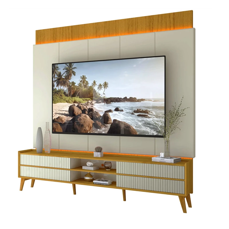 Rack Magnífico 212 Larg. 2.18m + Painel Magnífico 220 Nature/Off C/LED e Detalhe Ripado - Gelius - Imagem 2