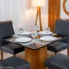 Mesa de Jantar Moscou 90x90 Vidro Preto/Base Cinamomo - Minas Plac + 4 Cad. Genova Veludo Cinza 507 Madeira Art Assentos - Imagem 2