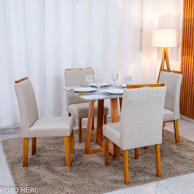 Mesa de Jantar Bali 90×90 Vidro Off/Base Madeira + 4 Cad. Atlanta Linho Bege Cru Madeira Minas Plac - Imagem 2
