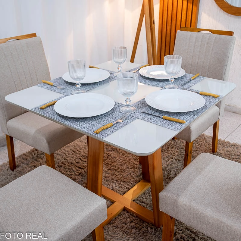 Mesa de Jantar Bali 90×90 Vidro Off/Base Madeira + 4 Cad. Atlanta Linho Bege Cru Madeira Minas Plac - Imagem 3
