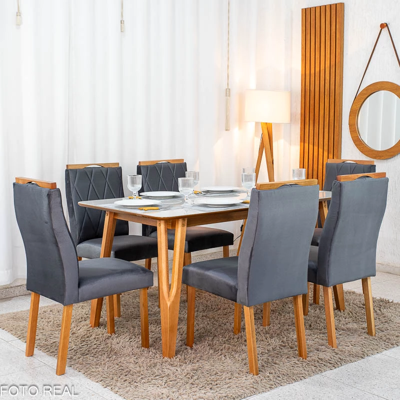Mesa de Jantar Siena 160x90 Vidro Off/Base Madeira + 6 Cad. Lisboa Veludo Cinza 507 Madeira Art Assento