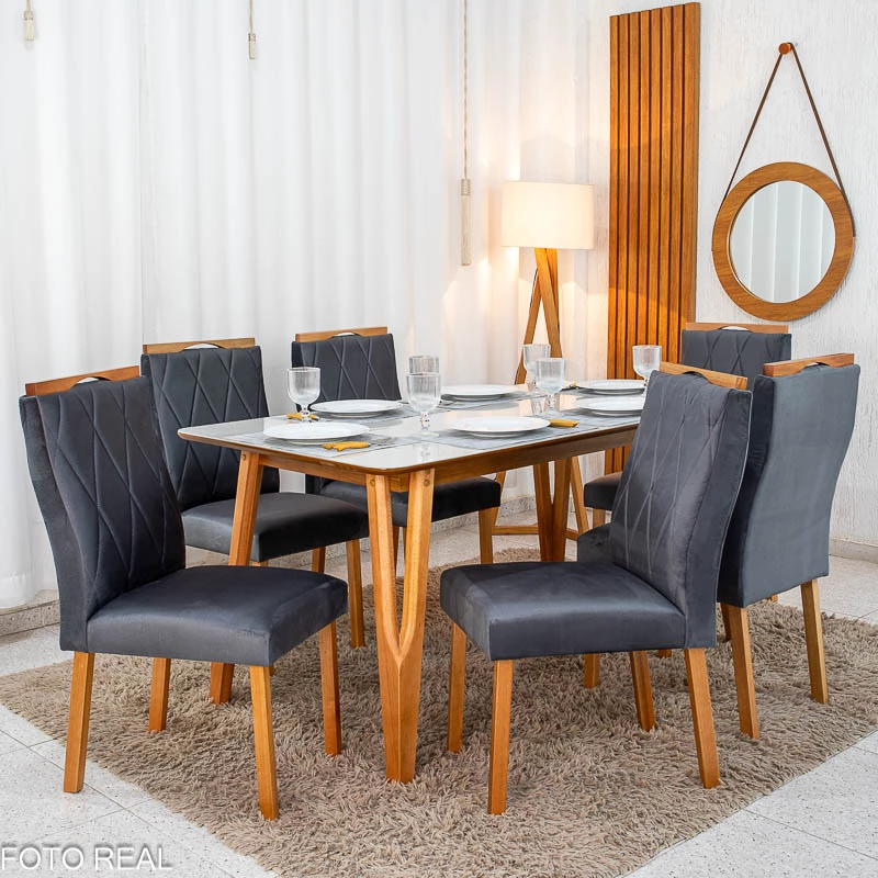Mesa de Jantar Siena 160x90 Vidro Off/Base Madeira + 6 Cad. Lisboa Veludo Cinza 507 Madeira Art Assento - Imagem 3