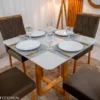 Mesa de Jantar Pedro 90x90 Vidro Off/Base Madeira + 4 Cad. Lisboa Veludo Marrom 509 Madeira Art Assento - Imagem 2