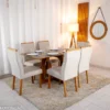 Mesa de Jantar Dubai Tampo Londres Cinamomo 160x80 6 Cadeiras Lisboa Veludo Bege 512 Madeira Maciça - Imagem 3