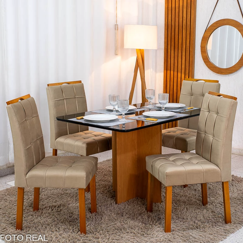 Mesa de Jantar Moscou 120x80 Vidro Preto/Base Cinamomo + 4 Cad. Londres Veludo Avelã Madeira Minas Plac