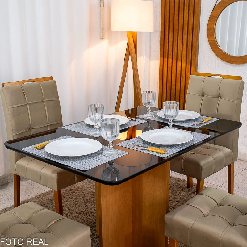 Mesa de Jantar Moscou 120x80 Vidro Preto/Base Cinamomo + 4 Cad. Londres Veludo Avelã Madeira Minas Plac - Imagem 3