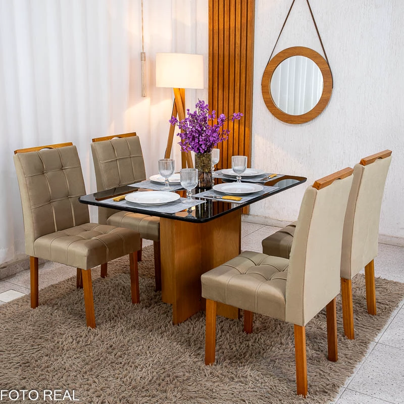 Mesa de Jantar Moscou 120x80 Vidro Preto/Base Cinamomo + 4 Cad. Londres Veludo Avelã Madeira Minas Plac - Imagem 4
