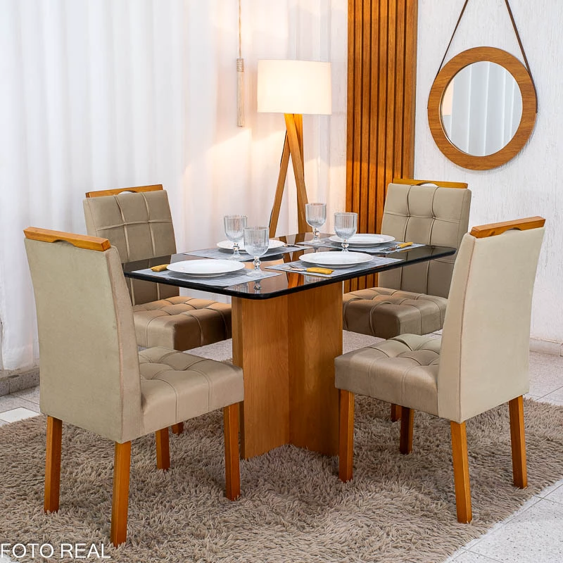 Mesa de Jantar Moscou 120x80 Vidro Preto/Base Cinamomo + 4 Cad. Londres Veludo Avelã Madeira Minas Plac - Imagem 2