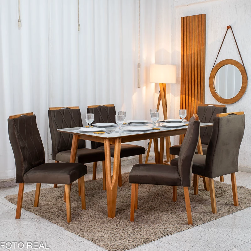 Mesa de Jantar Siena 160x90 Vidro Off/Base Madeira + 6 Cad. Lisboa Veludo Marrom 509 Madeira Art Assento - Imagem 3