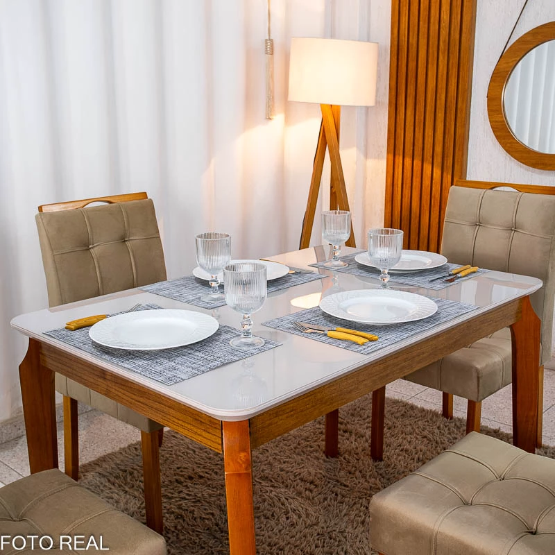 Mesa de Jantar Alegra Tampo Vidro Off 120×80 Madeira Maciça - JCM + 4 Cad. Londres Veludo Avelã Madeira Minas Plac - Imagem 2