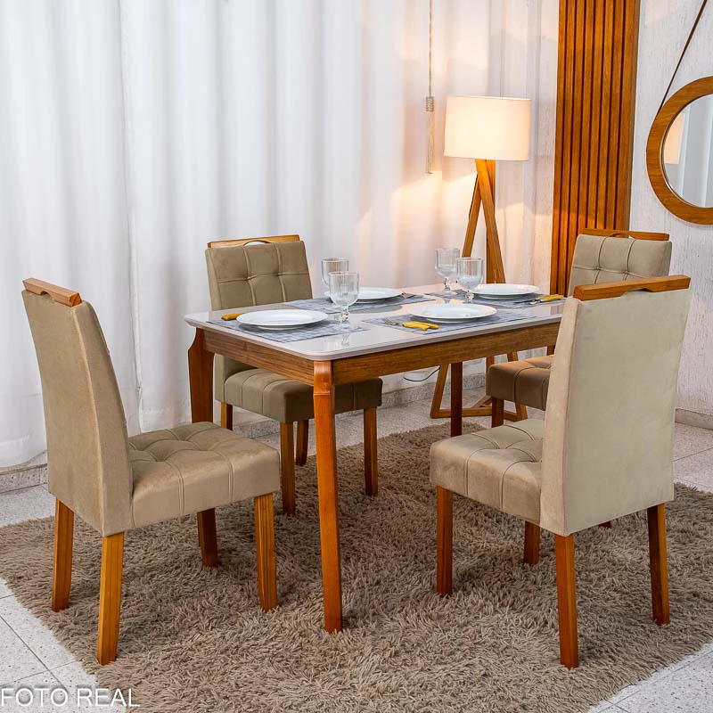 Mesa de Jantar Alegra Tampo Vidro Off 120×80 Madeira Maciça - JCM + 4 Cad. Londres Veludo Avelã Madeira Minas Plac - Imagem 3