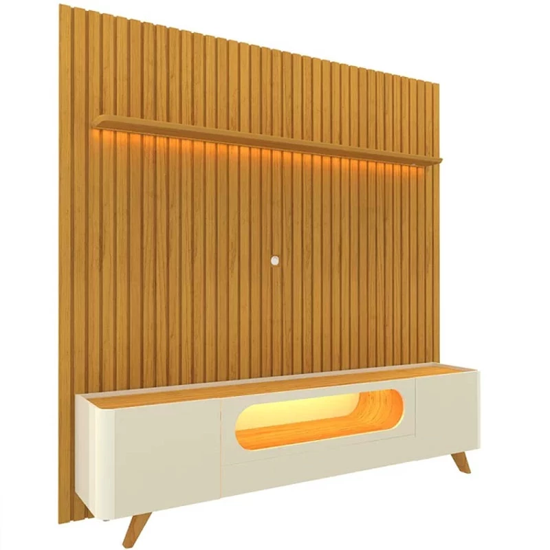 Rack Nobre Larg. 2.10m Off/Naturale + Painel Nobre Larg. 2.30m Naturale Ripado C/ Led 100% MDF TV até 85"- Gelius - Imagem 2