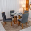 Mesa de Jantar Pedro 90×90 Vidro Off/Base Madeira + 4 Cad. Lisboa Veludo Cinza 507 Madeira Art Assento - Imagem 3