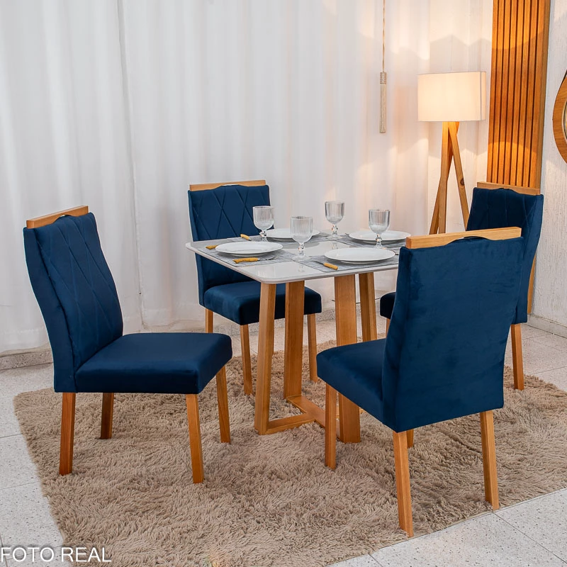 Mesa de Jantar Pedro 90x90 Vidro Off/Base Madeira + 4 Cad. Lisboa Veludo Azul 503 Madeira Art Assento