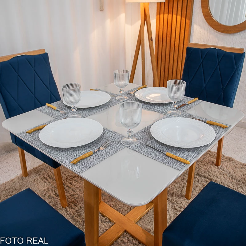 Mesa de Jantar Pedro 90x90 Vidro Off/Base Madeira + 4 Cad. Lisboa Veludo Azul 503 Madeira Art Assento - Imagem 2