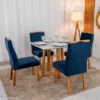 Mesa de Jantar Pedro 90x90 Vidro Off/Base Madeira + 4 Cad. Lisboa Veludo Azul 503 Madeira Art Assento - Imagem 3