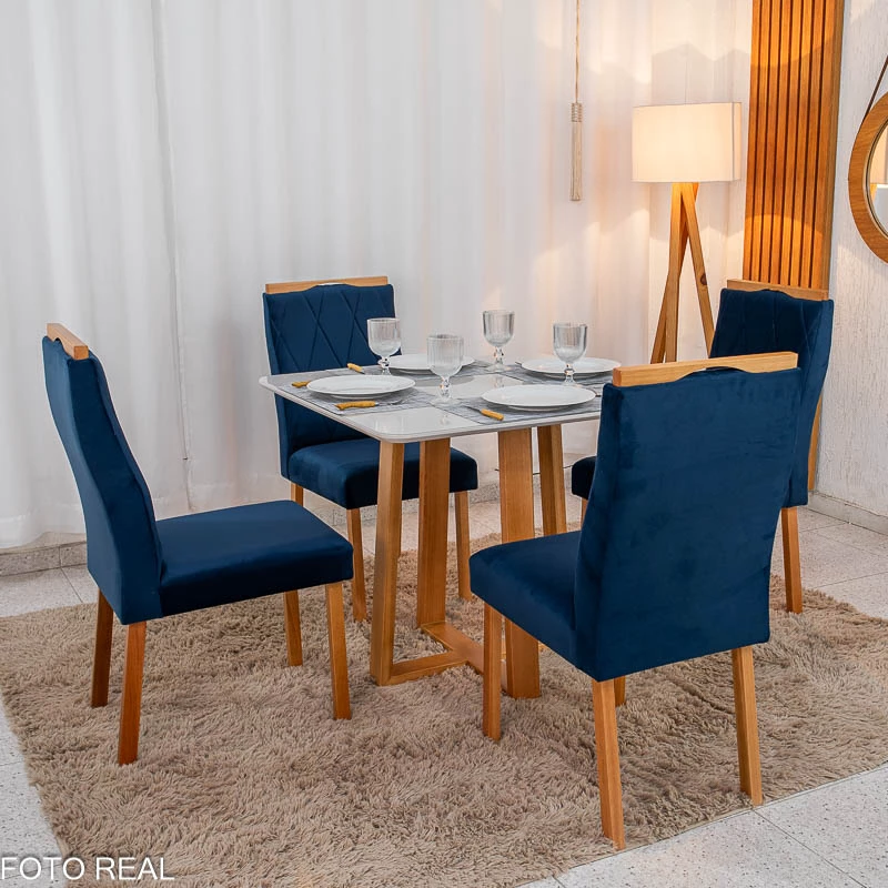 Mesa de Jantar Pedro 90x90 Vidro Off/Base Madeira + 4 Cad. Lisboa Veludo Azul 503 Madeira Art Assento - Imagem 3