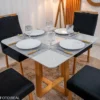 Mesa de Jantar Bali 90x90 Vidro Off/Base Madeira Minas Plac + 4 Cad. Lisboa Veludo Preto 504 Madeira Art Assento - Imagem 2