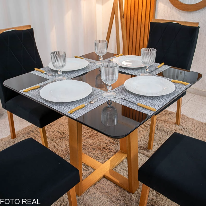 Mesa de Jantar Pedro 90x90 Vidro Preto/Base Madeira + 4 Cad. Lisboa Veludo Preto 504 Madeira Art Assento - Imagem 2