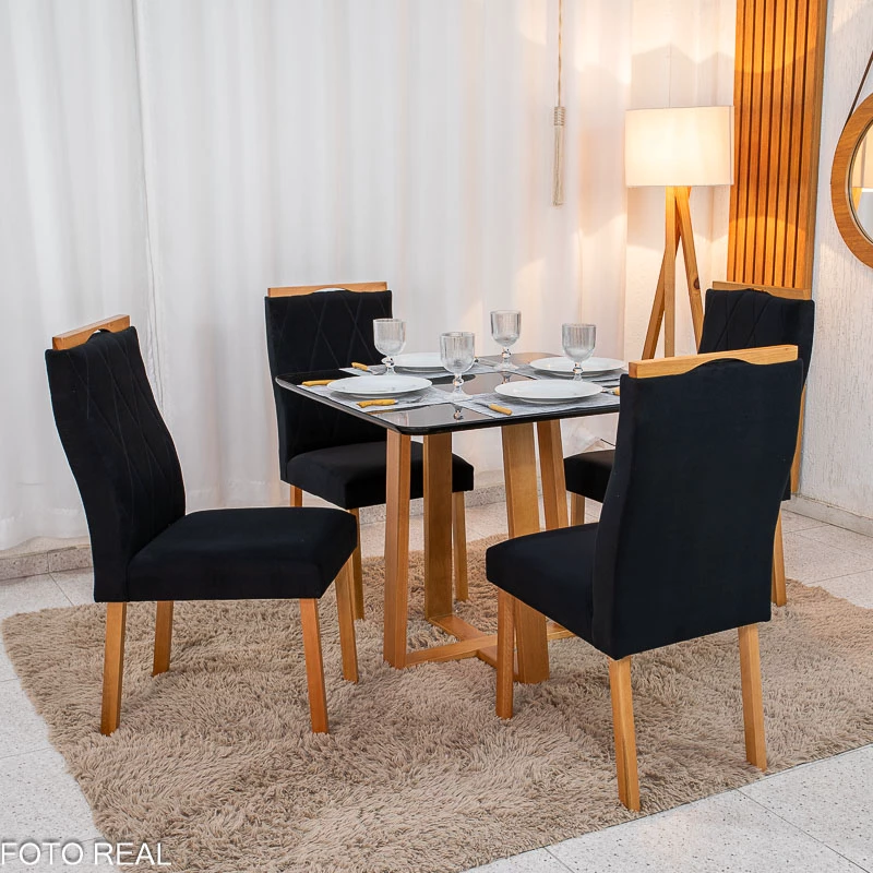 Mesa de Jantar Pedro 90x90 Vidro Preto/Base Madeira + 4 Cad. Lisboa Veludo Preto 504 Madeira Art Assento - Imagem 3