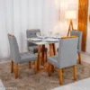 Mesa de Jantar Bali 90×90 Vidro Off/Base Madeira + 4 Cad. Londres Linho Cinza Madeira Minas Plac - Imagem 3