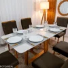 Mesa de Jantar Pedro 160×80 Vidro Off/Base Madeira + 6 Cad. Lisboa Veludo Marrom 509 Madeira Art Assento - Imagem 2