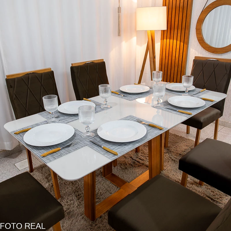Mesa de Jantar Pedro 160×80 Vidro Off/Base Madeira + 6 Cad. Lisboa Veludo Marrom 509 Madeira Art Assento - Imagem 2