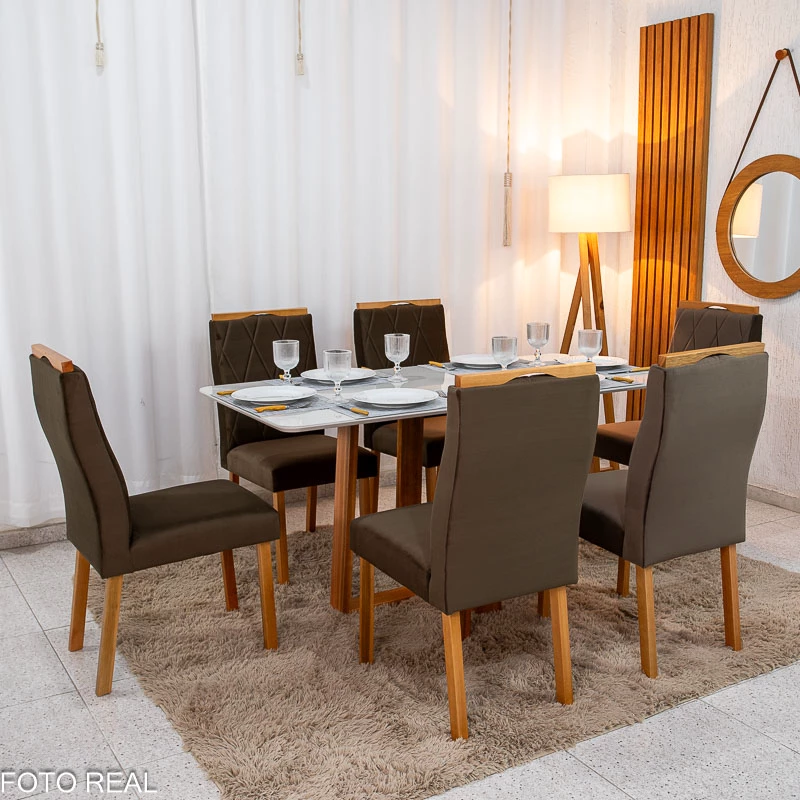 Mesa de Jantar Pedro 160×80 Vidro Off/Base Madeira + 6 Cad. Lisboa Veludo Marrom 509 Madeira Art Assento - Imagem 3